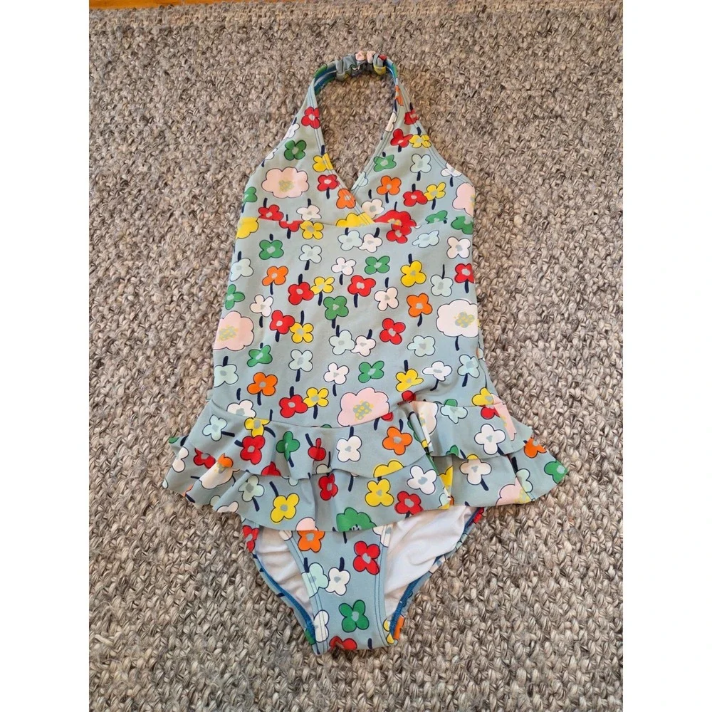 Hanna Andersson Ruffled Blue Floral One Piece Swimsuit Girls 140 US 10